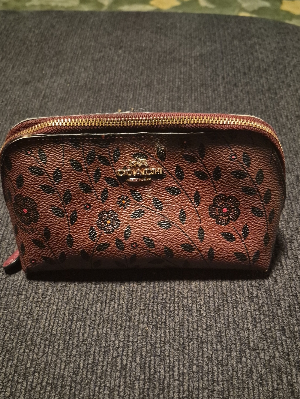 Coach Brown Floral Print Leather Cosmetic Case with Gold Hardware